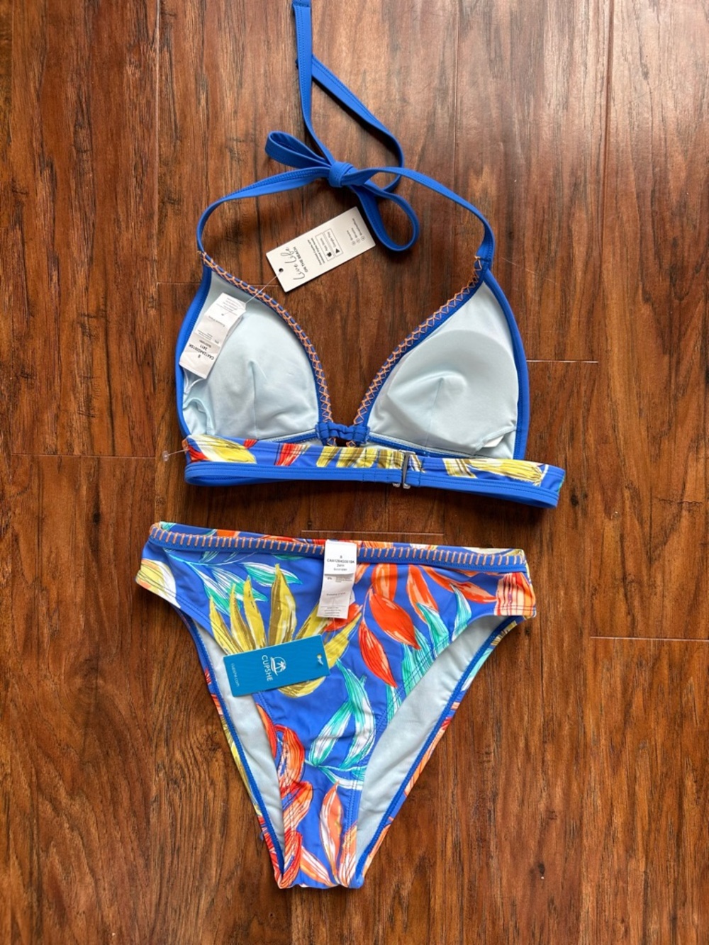 Cupshe Blue Tropical Triangle Bikini Set with Orange & Green Leaf Print - Picture 10 of 10